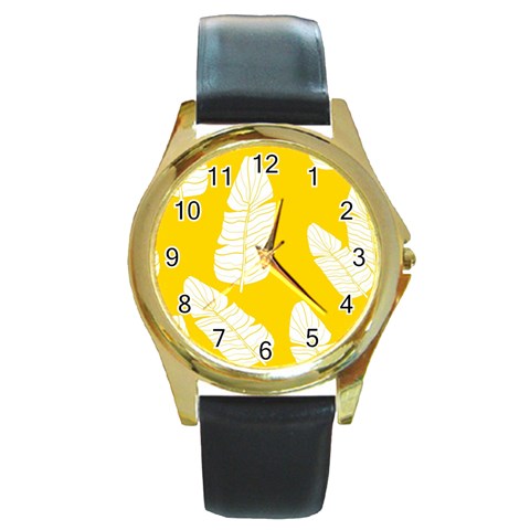 Yellow Banana Leaves Round Gold Metal Watch from ArtsNow.com Front