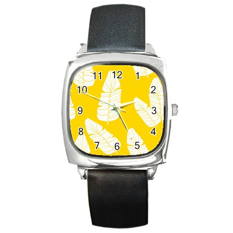 Yellow Banana Leaves Square Metal Watch from ArtsNow.com Front