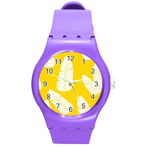 Yellow Banana Leaves Round Plastic Sport Watch (M) from ArtsNow.com Front