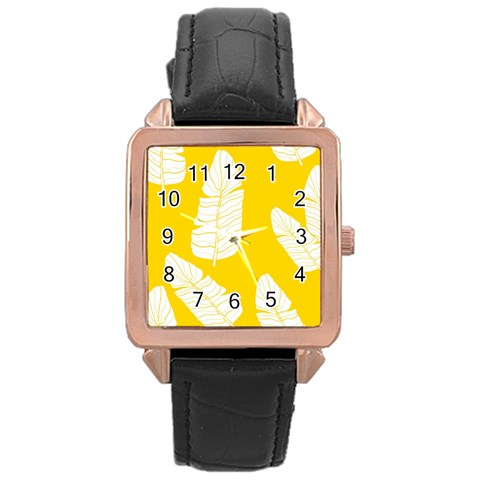 Yellow Banana Leaves Rose Gold Leather Watch  from ArtsNow.com Front