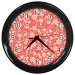 Pink Floral Wall Wall Clock (Black)