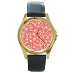 Pink Floral Wall Round Gold Metal Watch