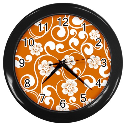 Orange Floral Walls  Wall Clock (Black) from ArtsNow.com Front