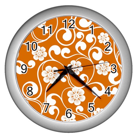 Orange Floral Walls  Wall Clock (Silver) from ArtsNow.com Front