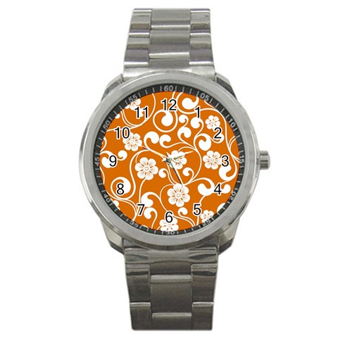 Orange Floral Walls  Sport Metal Watch from ArtsNow.com Front