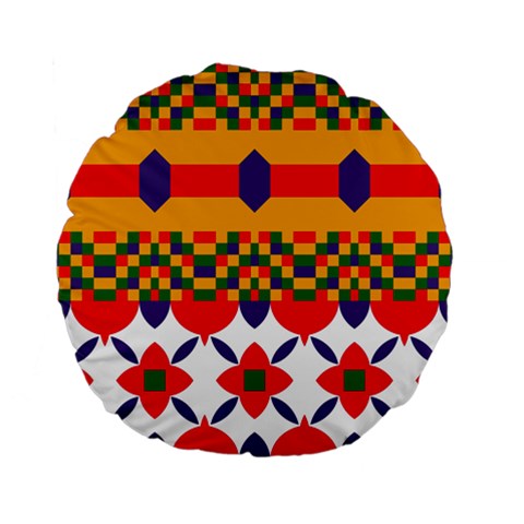 Red flowers and colorful squares                                                                 Standard 15  Premium Flano Round Cushion from ArtsNow.com Back