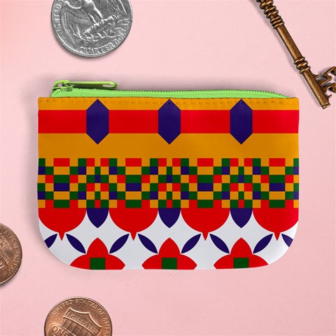 Red flowers and colorful squares                                                                 Mini Coin Purse from ArtsNow.com Front