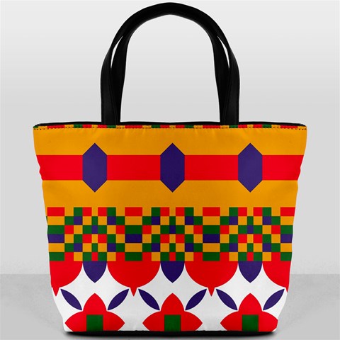 Red flowers and colorful squares                                                                  Bucket Bag from ArtsNow.com Back