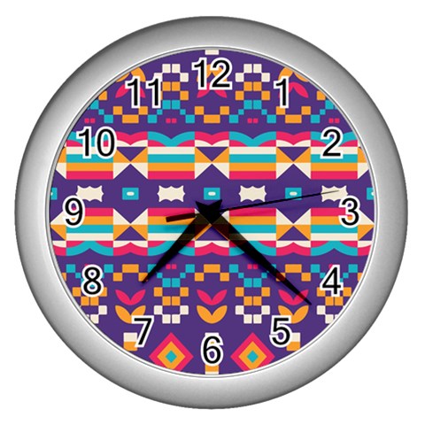 Pastel shapes rows on a purple background                                                                   Wall Clock (Silver) from ArtsNow.com Front