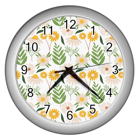 Flowers on a white background pattern                                                                    Wall Clock (Silver) from ArtsNow.com Front