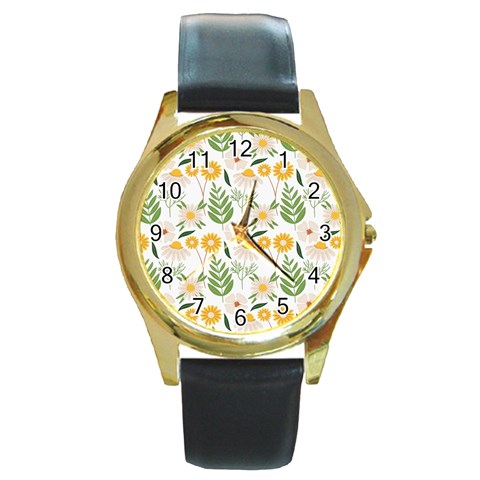 Flowers on a white background pattern                                                                    Round Gold Metal Watch from ArtsNow.com Front