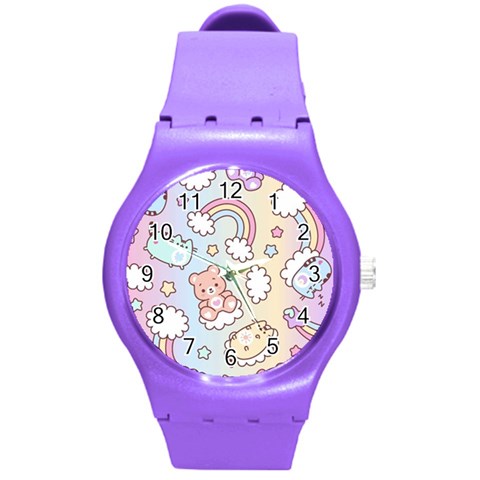 Pusheen Carebears Bears Cat Colorful Cute Pastel Pattern Round Plastic Sport Watch (M) from ArtsNow.com Front