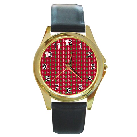 Snowflake Christmas Tree Pattern Round Gold Metal Watch from ArtsNow.com Front