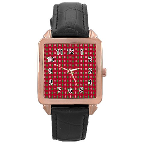 Snowflake Christmas Tree Pattern Rose Gold Leather Watch  from ArtsNow.com Front