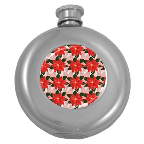 Poinsettia Pattern Seamless Pattern Christmas Xmas Round Hip Flask (5 oz) from ArtsNow.com Front