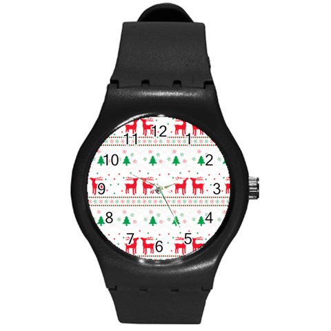 Red Green And Blue Christmas Themed Illustration Round Plastic Sport Watch (M) from ArtsNow.com Front