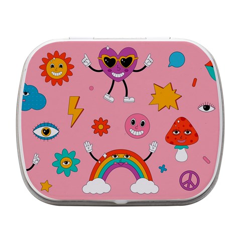 cute characters in psychedelic 70s style. Hippie, psychedelic droove, retro  Small Metal Box (White) from ArtsNow.com Front