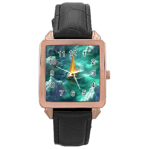 Dolphins Sea Ocean Water Rose Gold Leather Watch  from ArtsNow.com Front