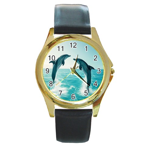 Dolphin Sea Ocean Round Gold Metal Watch from ArtsNow.com Front