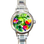 Watercolor Flowers Leaves Foliage Nature Floral Spring Round Italian Charm Watch