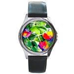 Watercolor Flowers Leaves Foliage Nature Floral Spring Round Metal Watch