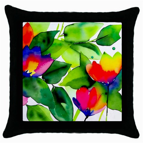 Watercolor Flowers Leaves Foliage Nature Floral Spring Throw Pillow Case (Black) from ArtsNow.com Front