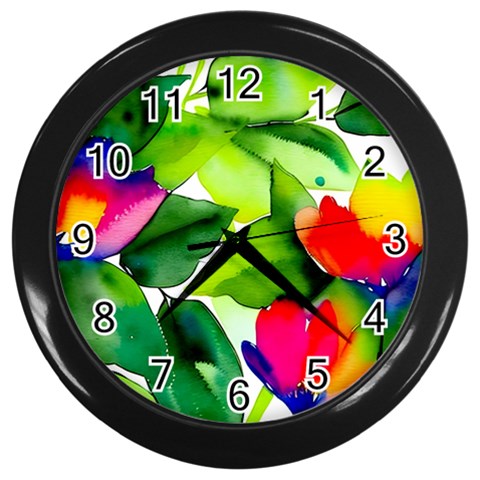 Watercolor Flowers Leaves Foliage Nature Floral Spring Wall Clock (Black) from ArtsNow.com Front