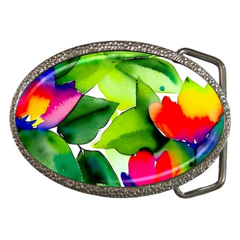 Watercolor Flowers Leaves Foliage Nature Floral Spring Belt Buckles from ArtsNow.com Front