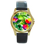 Watercolor Flowers Leaves Foliage Nature Floral Spring Round Gold Metal Watch