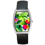 Watercolor Flowers Leaves Foliage Nature Floral Spring Barrel Style Metal Watch