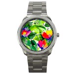 Watercolor Flowers Leaves Foliage Nature Floral Spring Sport Metal Watch