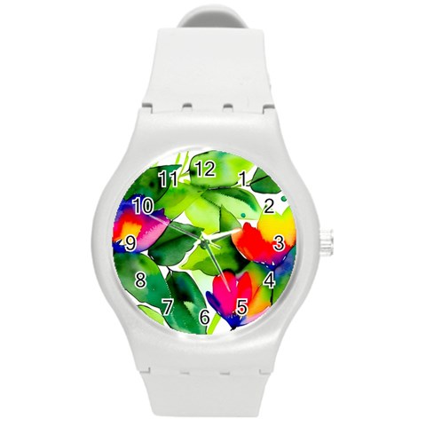 Watercolor Flowers Leaves Foliage Nature Floral Spring Round Plastic Sport Watch (M) from ArtsNow.com Front