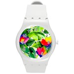 Watercolor Flowers Leaves Foliage Nature Floral Spring Round Plastic Sport Watch (M)