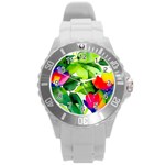 Watercolor Flowers Leaves Foliage Nature Floral Spring Round Plastic Sport Watch (L)