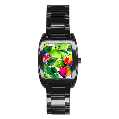 Watercolor Flowers Leaves Foliage Nature Floral Spring Stainless Steel Barrel Watch from ArtsNow.com Front