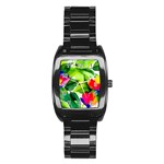 Watercolor Flowers Leaves Foliage Nature Floral Spring Stainless Steel Barrel Watch