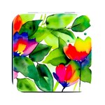 Watercolor Flowers Leaves Foliage Nature Floral Spring Square Metal Box (Black)