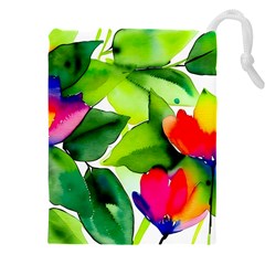 Watercolor Flowers Leaves Foliage Nature Floral Spring Drawstring Pouch (4XL) from ArtsNow.com Front