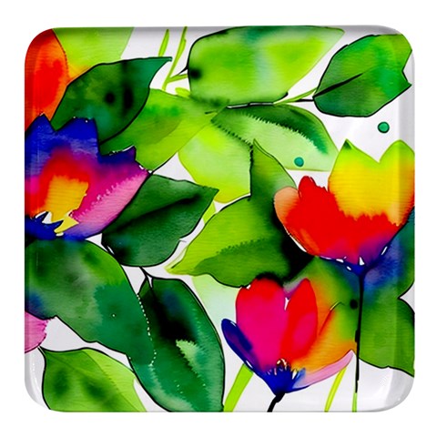 Watercolor Flowers Leaves Foliage Nature Floral Spring Square Glass Fridge Magnet (4 pack) from ArtsNow.com Front