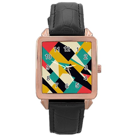 Geometric Pattern Retro Colorful Abstract Rose Gold Leather Watch  from ArtsNow.com Front