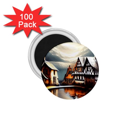 Village Reflections Snow Sky Dramatic Town House Cottages Pond Lake City 1.75  Magnets (100 pack)  from ArtsNow.com Front