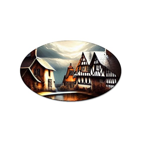 Village Reflections Snow Sky Dramatic Town House Cottages Pond Lake City Sticker Oval (100 pack) from ArtsNow.com Front