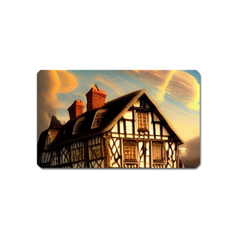 Village House Cottage Medieval Timber Tudor Split timber Frame Architecture Town Twilight Chimney Magnet (Name Card) from ArtsNow.com Front