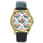 Flowers Hydrangeas Round Gold Metal Watch