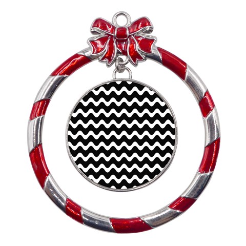 Wave Pattern Wavy Halftone Metal Red Ribbon Round Ornament from ArtsNow.com Front