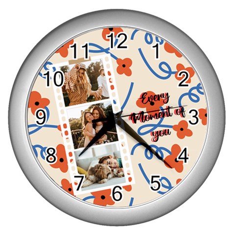 Personalized Red Blue Flower Photo Wall Clock Wall Clock (Silver) from ArtsNow.com Front