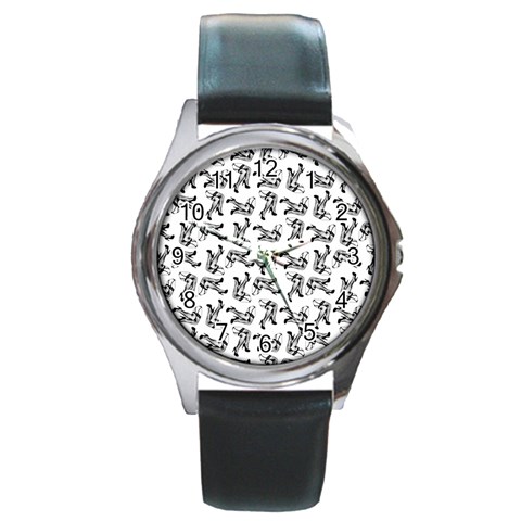 Erotic Pants Motif Black And White Graphic Pattern Black Backgrond Round Metal Watch from ArtsNow.com Front