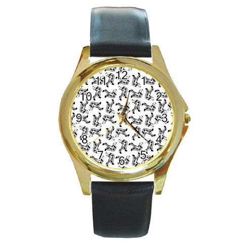 Erotic Pants Motif Black And White Graphic Pattern Black Backgrond Round Gold Metal Watch from ArtsNow.com Front