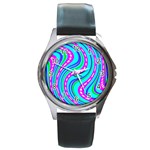 Swirls Pattern Design Bright Aqua Round Metal Watch