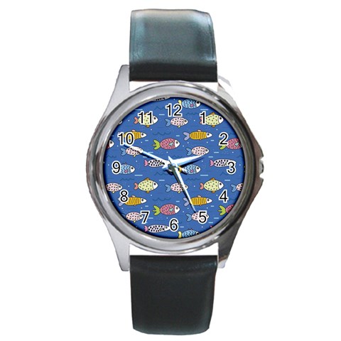 Sea Fish Blue Submarine Animals Patteen Round Metal Watch from ArtsNow.com Front